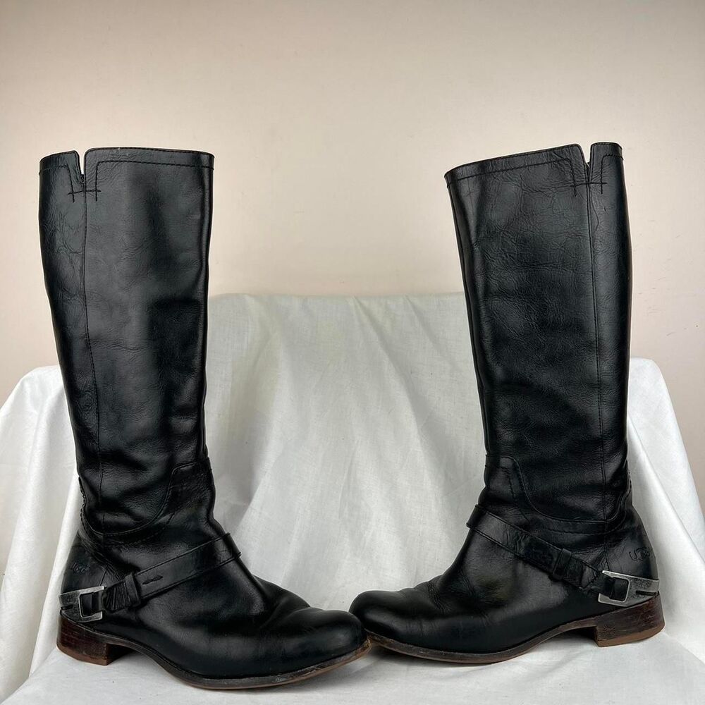 UGG Women's Channing II Riding Black Leather Boots Size 8